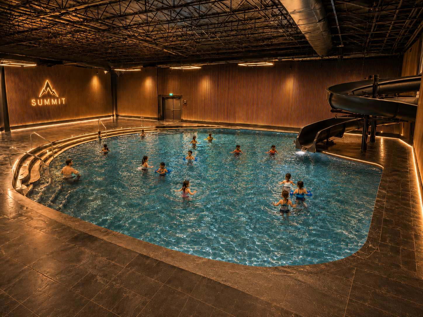 Water park techado con área de toboganes para niños en SUMMIT Wellness Club